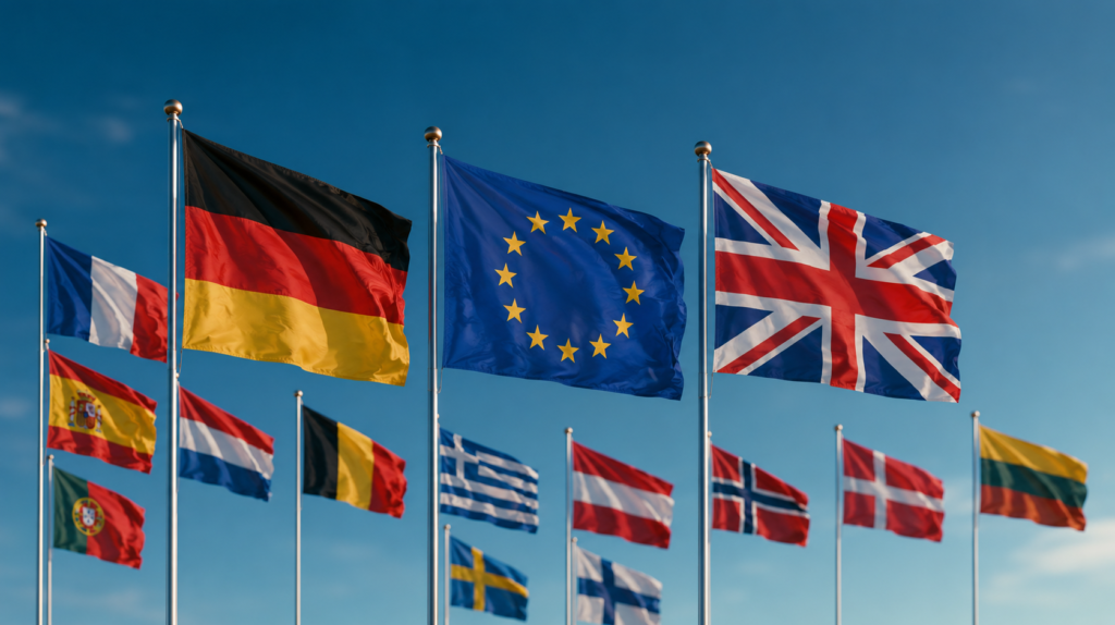 Flags of European countries and the EU