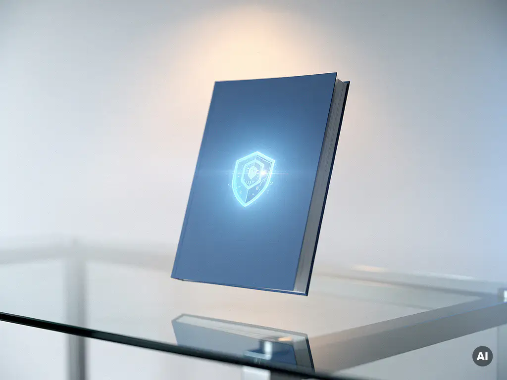 Schwebendes SEO-Audit-Dokument mit Hologramm-Logo über modernem Glasschreibtisch in blau-weißem Licht.
