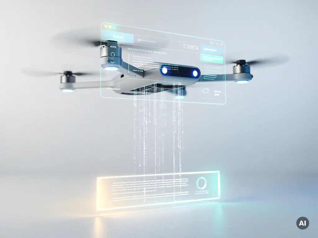 Autonome Drohne mit blauen Sensorlichtern scannt schwebende Website-Oberfläche, holografische Datenströme fließen in Analysepanel, futuristische Atmosphäre.