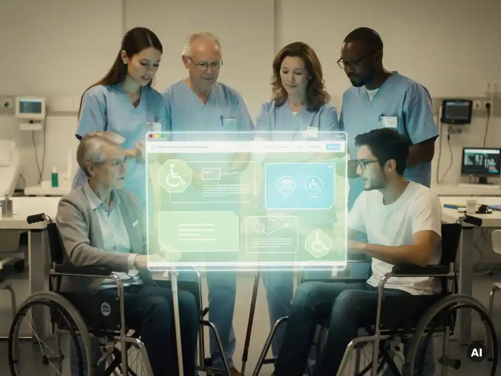 Diverse Personengruppe navigiert gemeinsam ein holografisches, futuristisches Webinterface mit Barrierefreiheitssymbolen in mint-blauem Design.