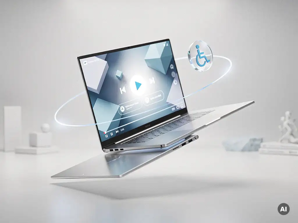Futuristischer Laptop mit leuchtendem Video-Player und schwebenden Barrierefreiheits-Symbol in minimalistischer weißer Umgebung.