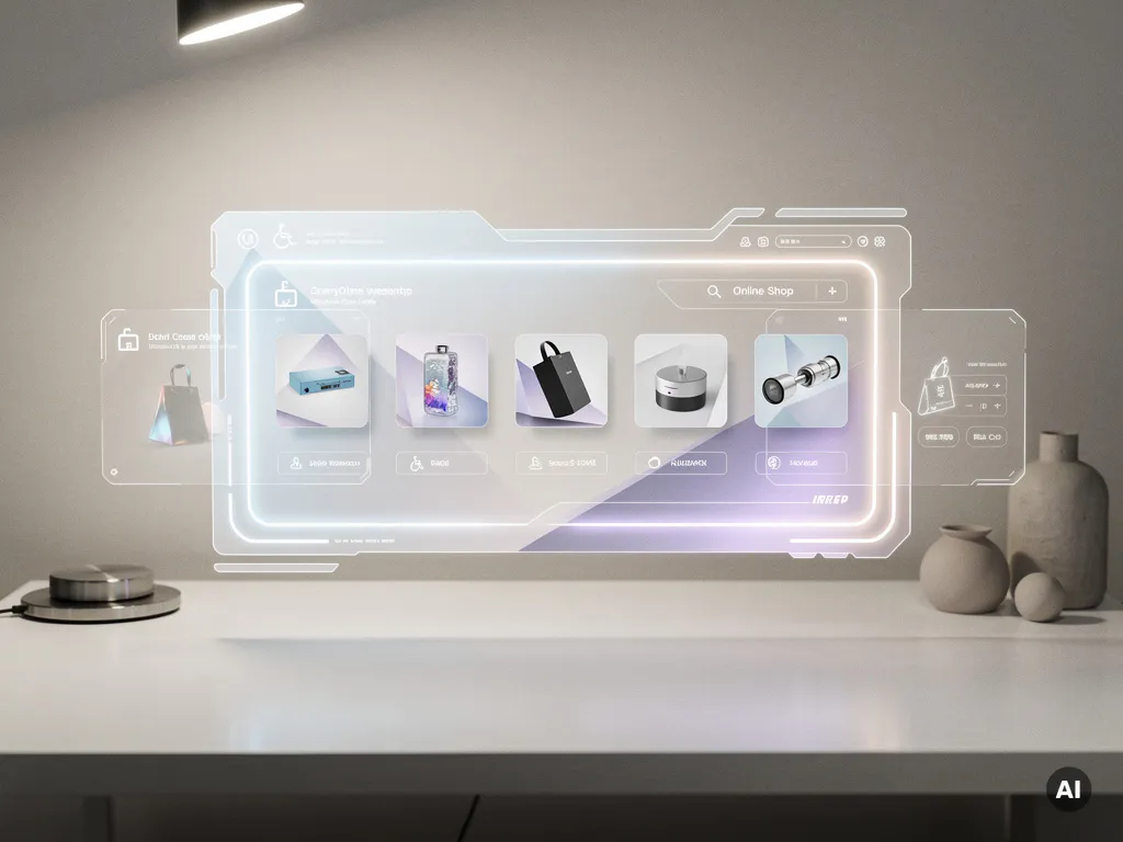 Holografisches E-Commerce-Interface über weißem Minimalismus-Schreibtisch mit schwebenden Produktkarten und Barrierefreiheitssymbolen in Blau und Violett.