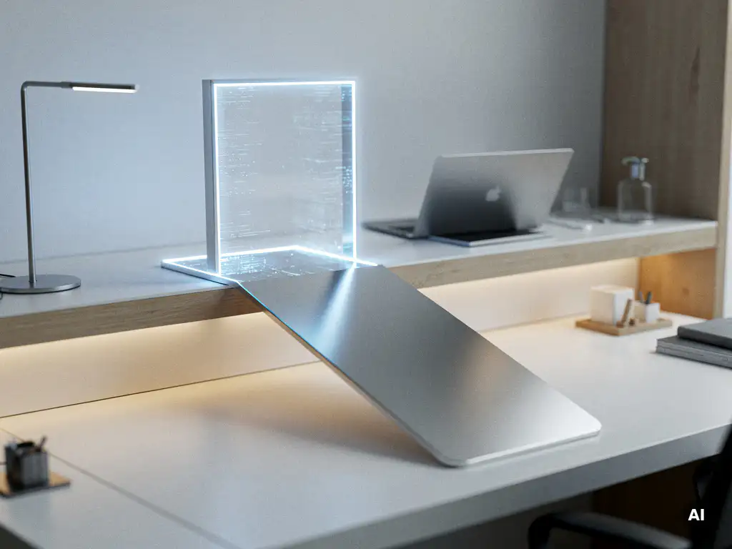 Futuristische Rampe führt zu leuchtendem digitalen Eingang über minimalistischem Schreibtisch, symbolisiert barrierefreien Webzugang.