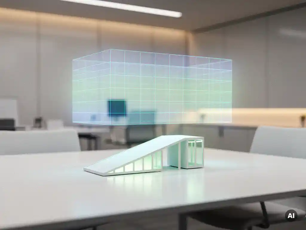 Holografisches Barrierefreiheits-Scanner-Interface über einem weißen Schreibtisch mit leuchtendem Rampen-Architekturmodell in Blau- und Minttönen.