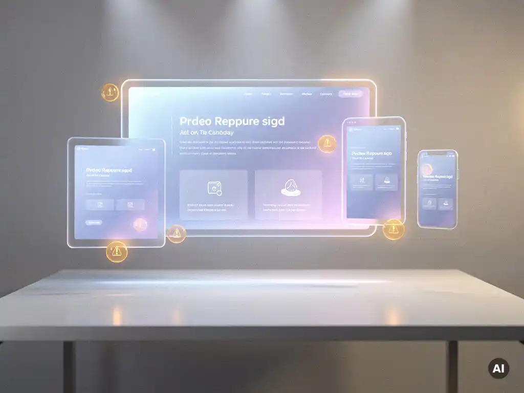 Schwebendes Website-Layout mit responsiven Breakpoints auf Tablet und Mobile, Barrierefreiheits-Warnungen über kontrastarmem Text, futuristisches Arbeitsumfeld.