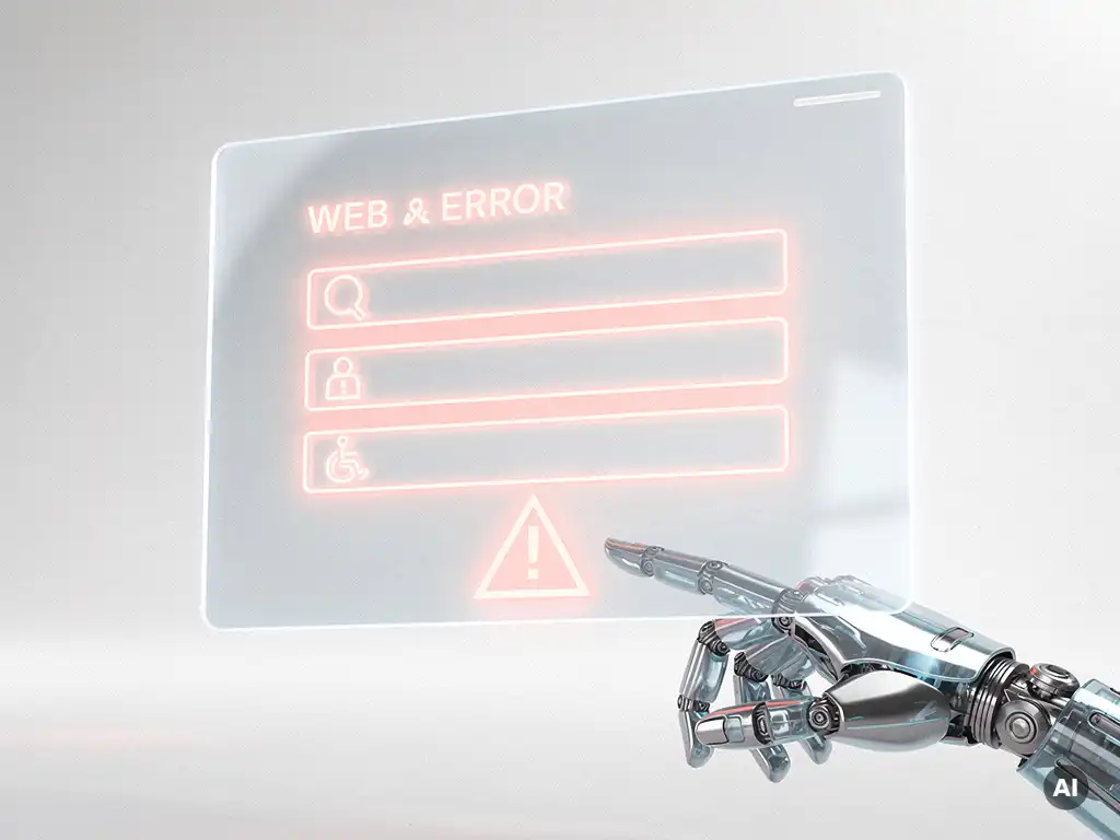 Holografisches Webformular mit leuchtend korallroten Fehlerindikatoren und transparenter Roboterhand, die auf ein Barrierefreiheitssymbol zeigt.