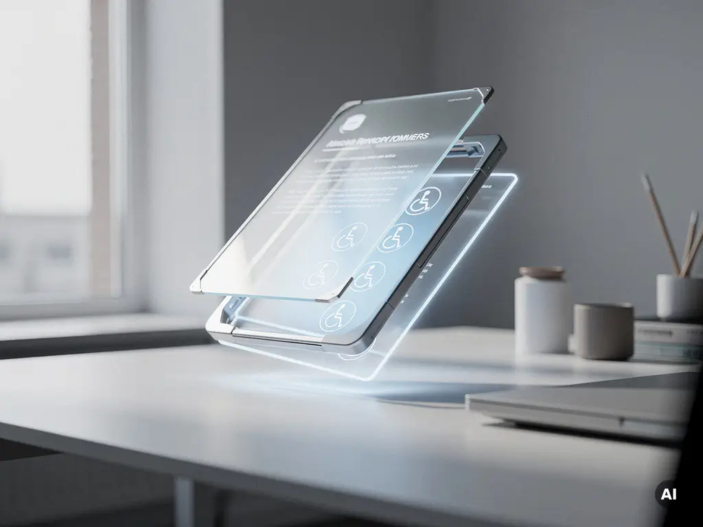 Holografisches Auditdokument schwebt über einem minimalistischen weißen Schreibtisch in modernem Hamburger Büro mit Barrierefreiheitssymbolen.