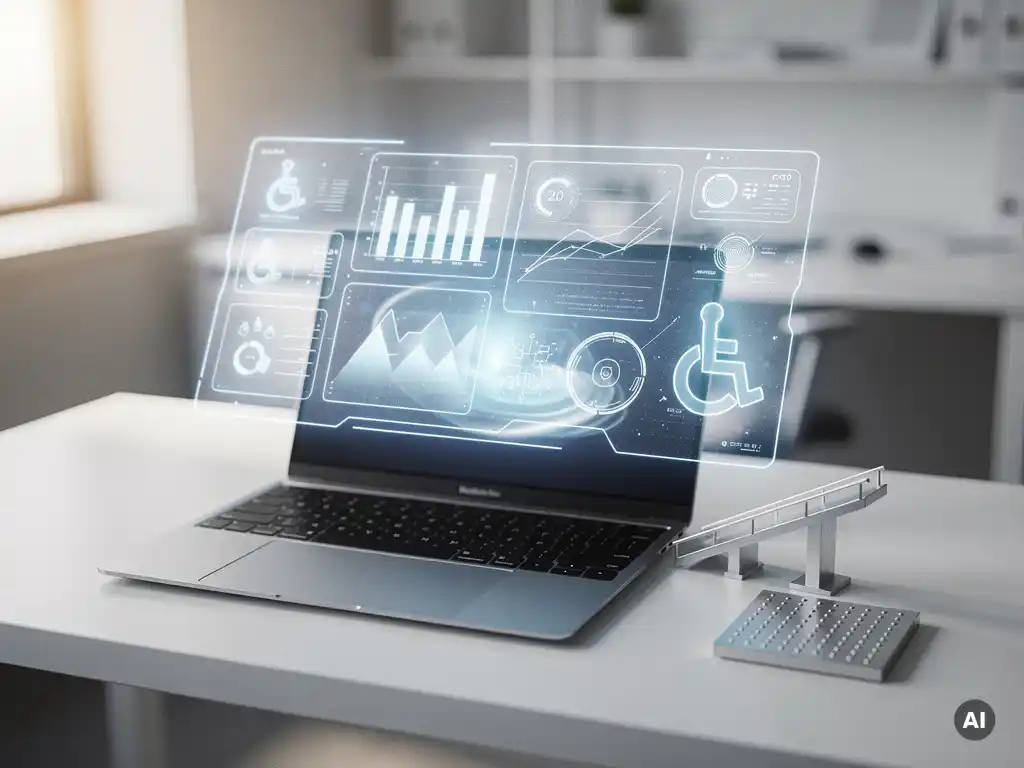 Holografisches Accessibility-Dashboard über einem weißen Schreibtisch mit Laptop, Rollstuhlrampe und Braille-Fliese in blau-silbernem Design.
