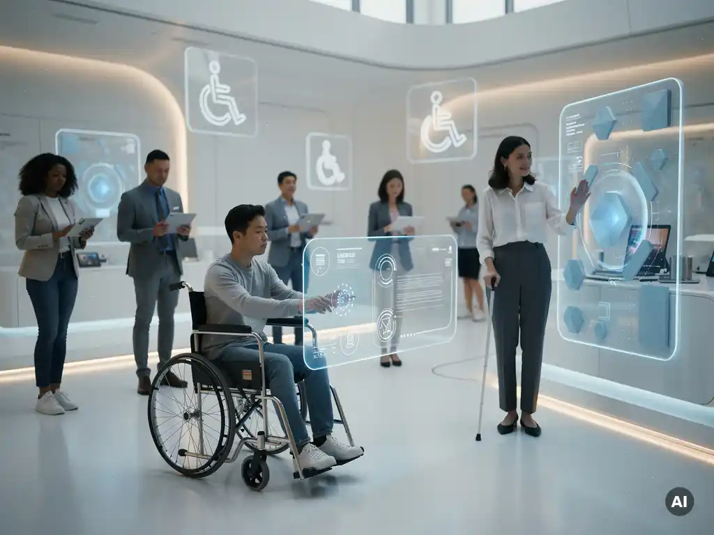 Rollstuhlfahrer und sehbehinderter Mensch interagieren mit holografischen Touchscreens in futuristischer, barrierefreier digitaler Umgebung.