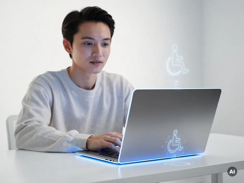 Person mit Sehbehinderung an einem modernen Laptop mit blau leuchtendem Interface an einem minimalistischen weißen Schreibtisch.