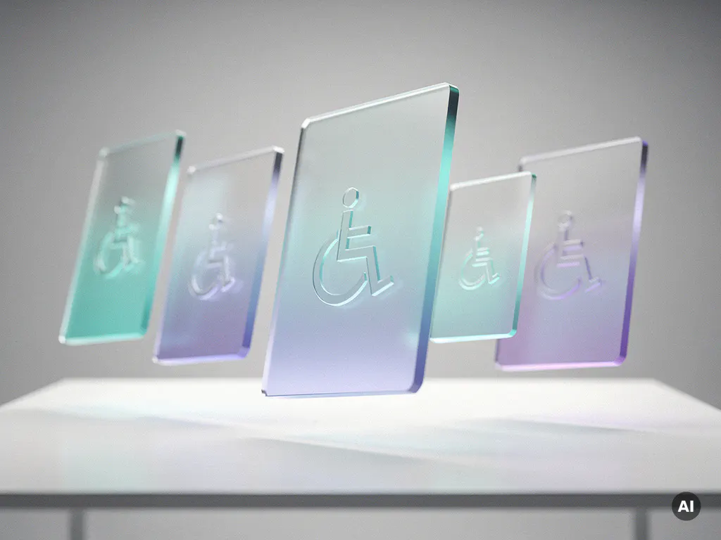 Schwebende, transluzente Barrierefreiheits-Interfaces in Aqua und Lavendel über einem weißen Schreibtisch mit eingebettetem Rollstuhlsymbol.