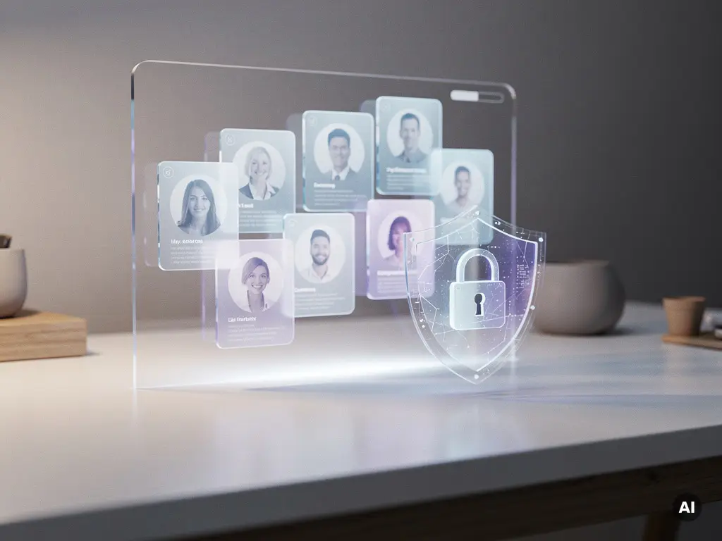 Holografisches Karriereportal mit schwebenden Bewerberprofilen und digitalem Schutzschild in Eisblau und Violett über weißem Schreibtisch.