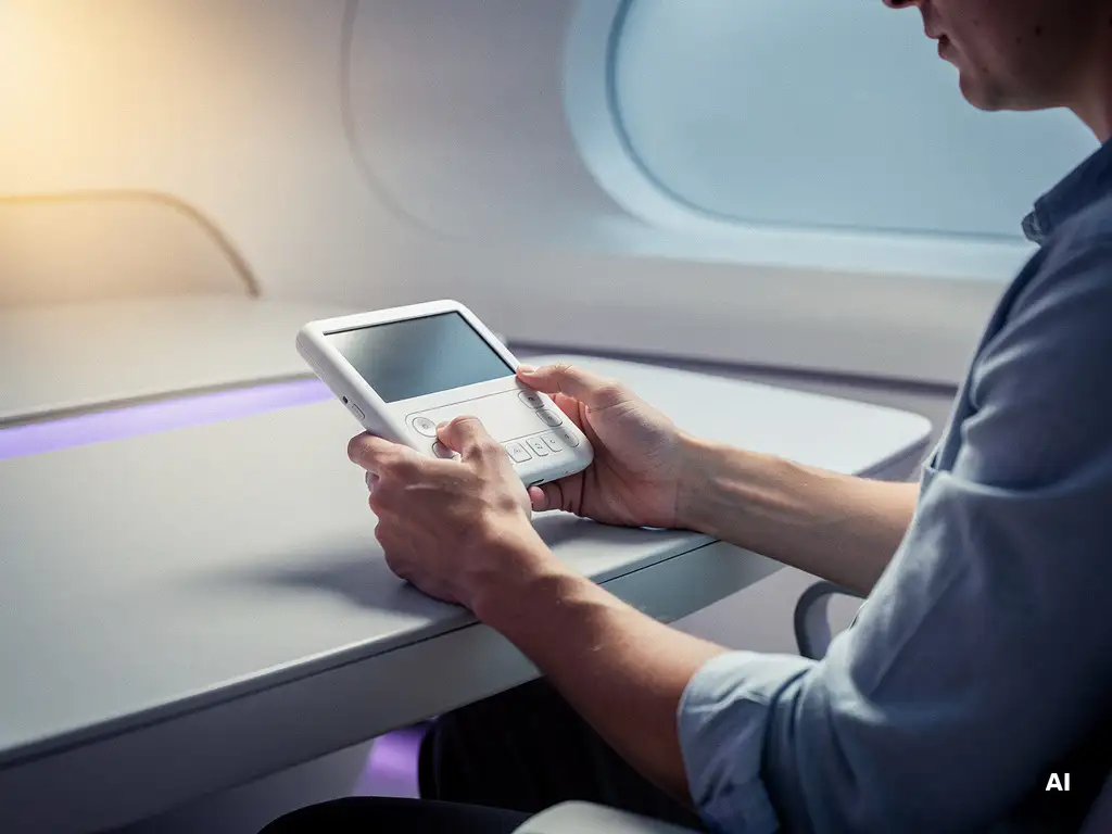 Person mit Sehbehinderung nutzt modernes weißes Screenreader-Gerät an minimalistischem Schreibtisch in ruhiger, heller Arbeitsumgebung.
