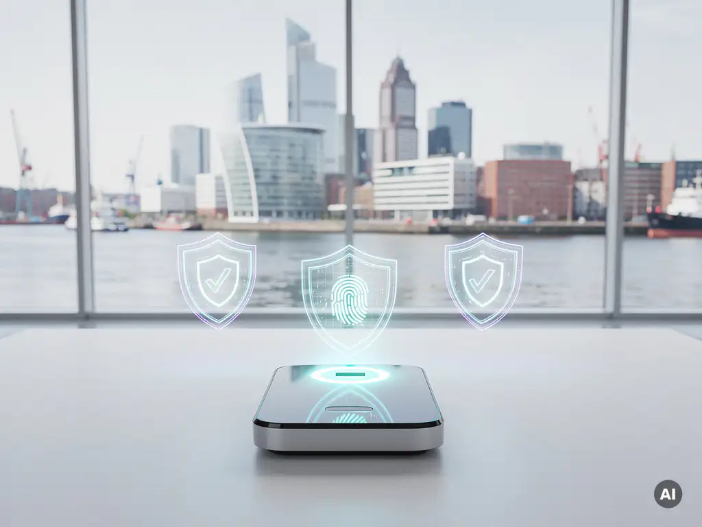 Biometrischer Fingerabdruckscanner mit cyan Licht auf weißem Schreibtisch, schwebende holografische Schutzschild-Icons, Hamburger Skyline im Hintergrund.