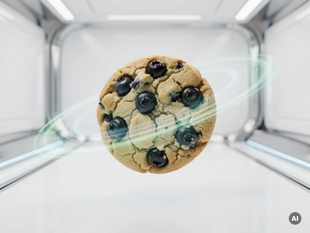 Klassischer Blaubeer-Cookie schwebt in futuristischer Umgebung mit mintgrünen und blauen Hologramm-Ringen.