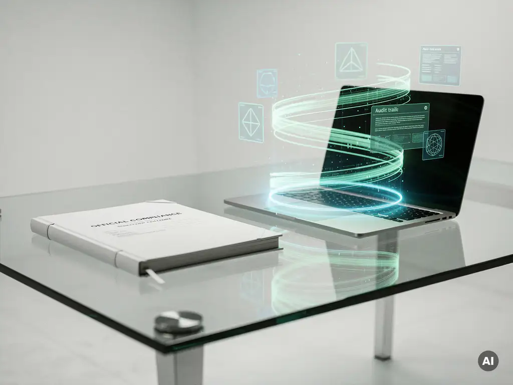 Compliance-Dossier auf Glasschreibtisch neben holografischer Audit-Trail-Visualisierung eines Laptops in Mint und Blau.