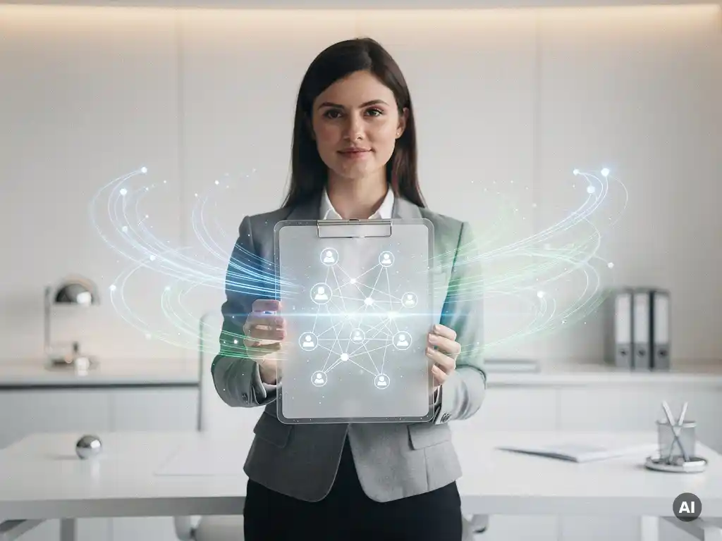 Compliance-Managerin hält digitales Clipboard mit leuchtendem Partnernetzwerk in modernem Büro, holografische Auditpfade in Blau und Mintgrün.