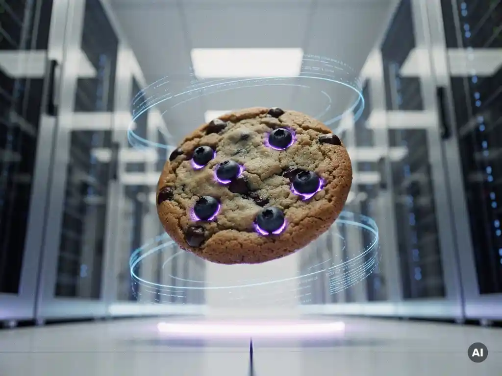 Schwebender Keks mit leuchtenden Blaubeeren in einem futuristischen Serverraum, umgeben von holografischen blauen Scanringen.
