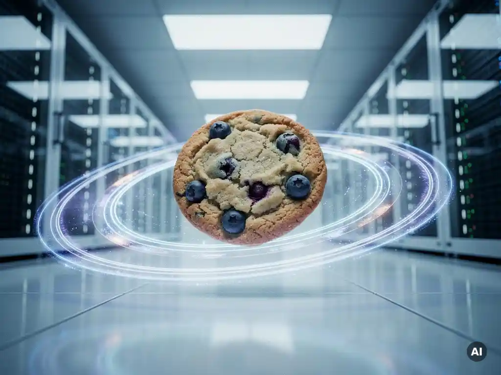 Schwebender Blaubeeren-Cookie in futuristischem Serverraum mit holografischen Ringen in Eisblau und Lila.