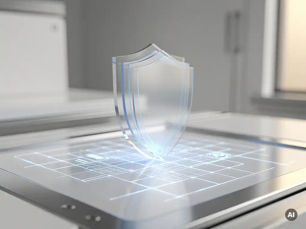 Transparentes Datenschutzschild über holografischem Website-Raster mit gestapelten Datenschutz-Audit-Ebenen in Blau und Silber.