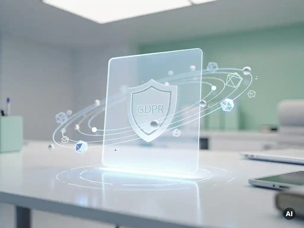 Holografisches DSGVO-Dokument mit Schutzschild-Emblem schwebt über minimalistischem weißem Schreibtisch, umgeben von leuchtenden Datenknoten.