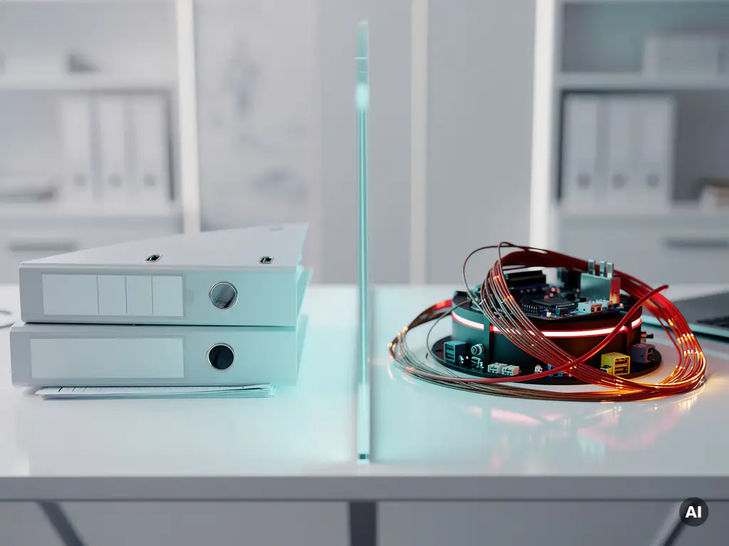 Compliance-Ordner und Hacker-Werkzeug durch leuchtende Barriere getrennt auf futuristischem Schreibtisch, blau-türkises Neonlicht.