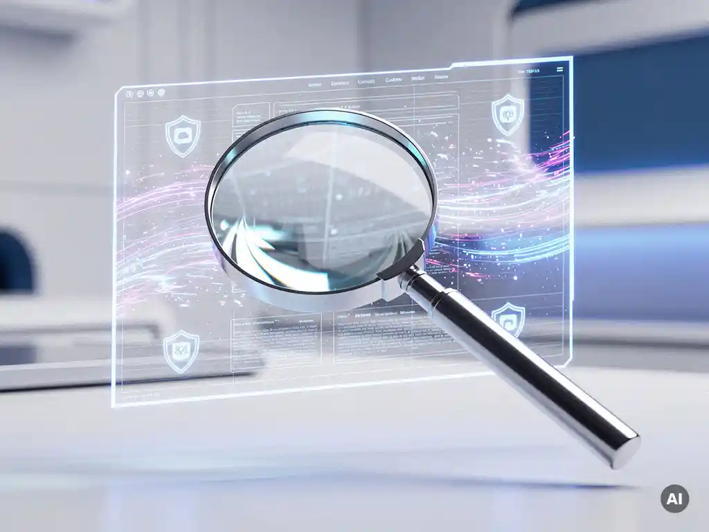 Lupe über holografischem Website-Wireframe mit leuchtenden Datenschutz-Schildsymbolen in blau-weißem futuristischem Workspace.
