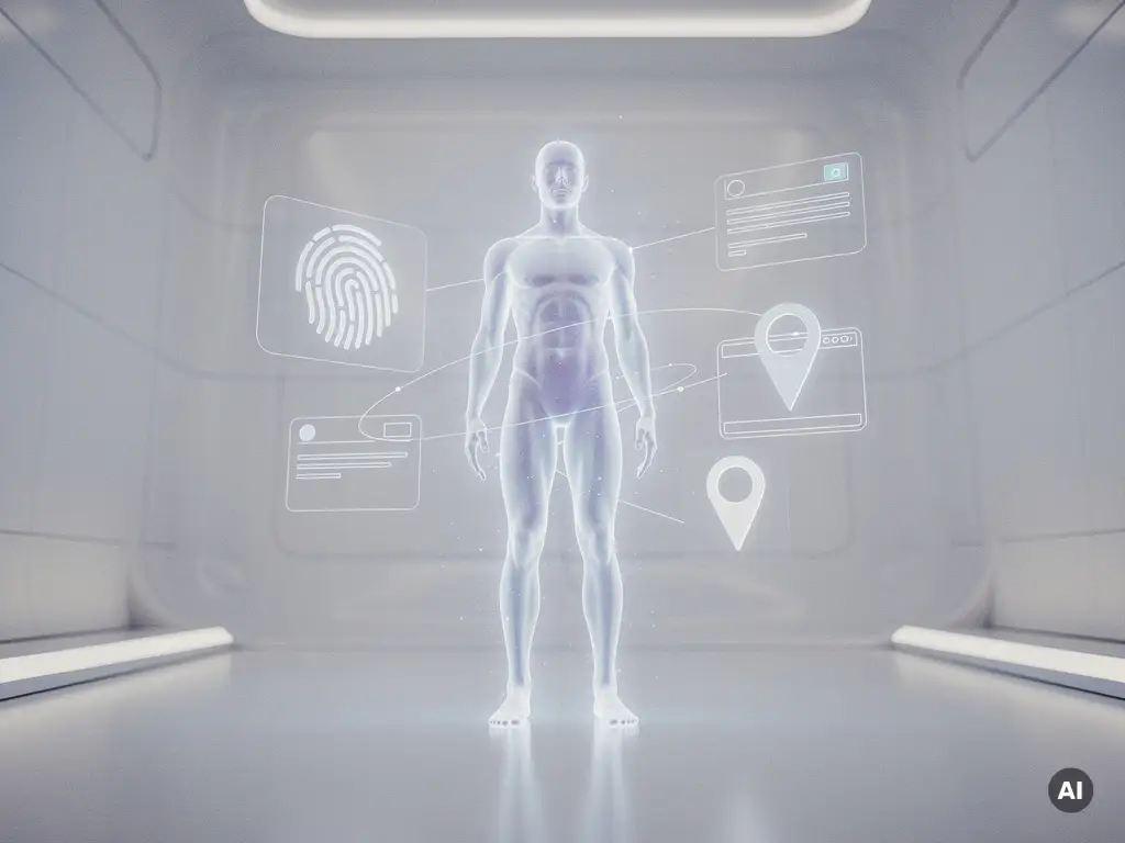 Leuchtende menschliche Silhouette aus blauem Licht, umgeben von schwebenden Datenfragmenten wie Fingerabdruck und ID-Karte in futuristischem Raum.