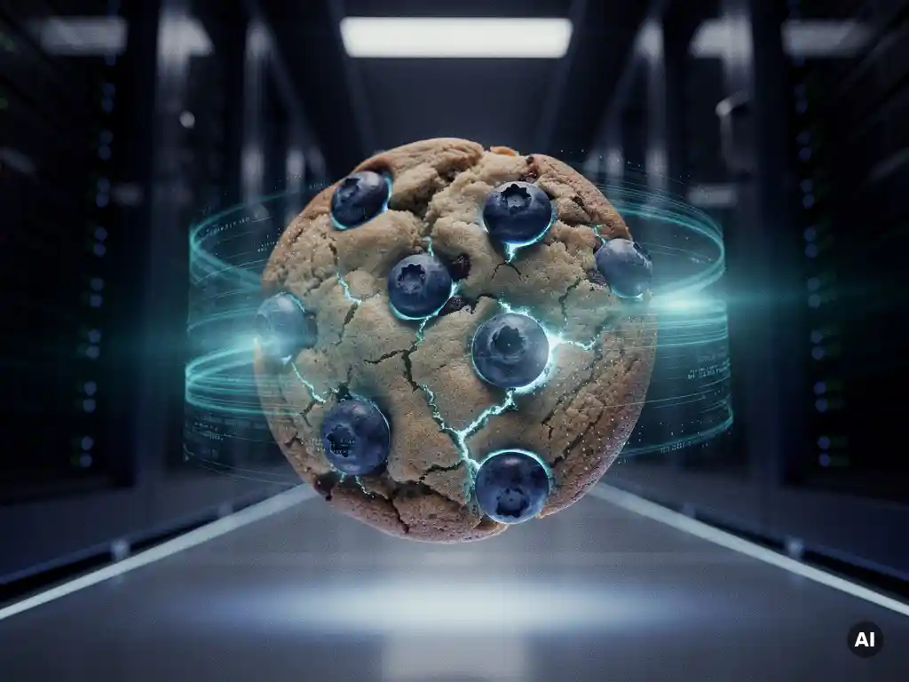 Schokoladenkeks mit leuchtend blauen Blaubeeren schwebt in einem futuristischen Serverraum mit Cyan-Lichtscannern.