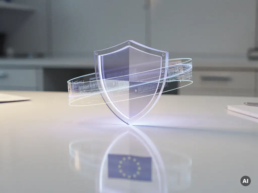 Transparenter digitaler Schutzschild mit blau-violettem Leuchten über weißem Schreibtisch, EU-Flagge spiegelt sich auf glänzender Oberfläche.