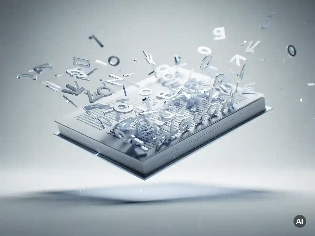 Futuristisches digitales Buch schwebt in der Luft, Seiten zerfallen in fragmentierte Buchstaben in Weiß und Elektrikblau.