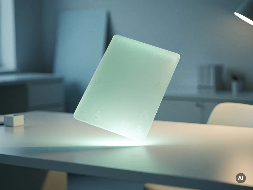 Schwebendes digitales Dokument mit Barrierefreiheitssymbolen über einem minimalistischen weißen Schreibtisch in Blau- und Mintgrüntönen.