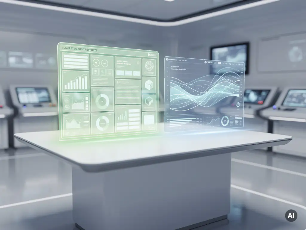 Futuristischer Kontrollraum mit zwei holografischen Displays – eines zeigt einen Auditbericht, das andere Echtzeit-Datenströme in Blau und Mintgrün.