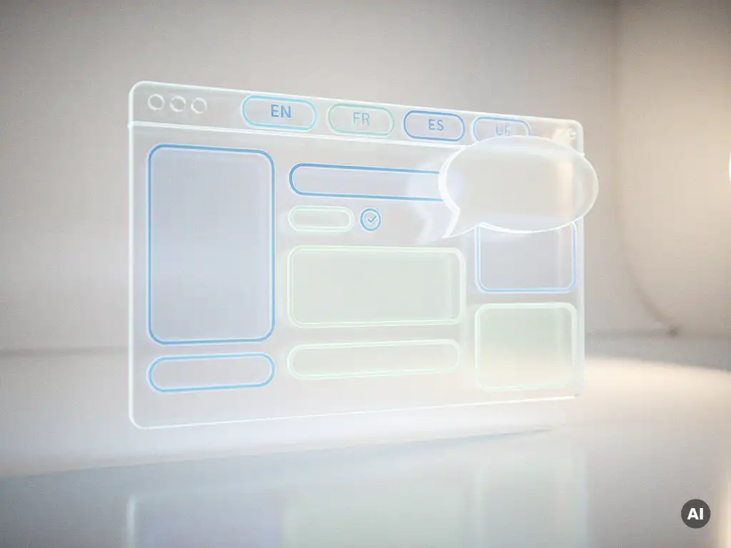 Schwebendes Webseiten-Wireframe mit leerer Sprechblase, die ein fehlendes Sprach-Tag symbolisiert, in holografischem Blau und Mint.