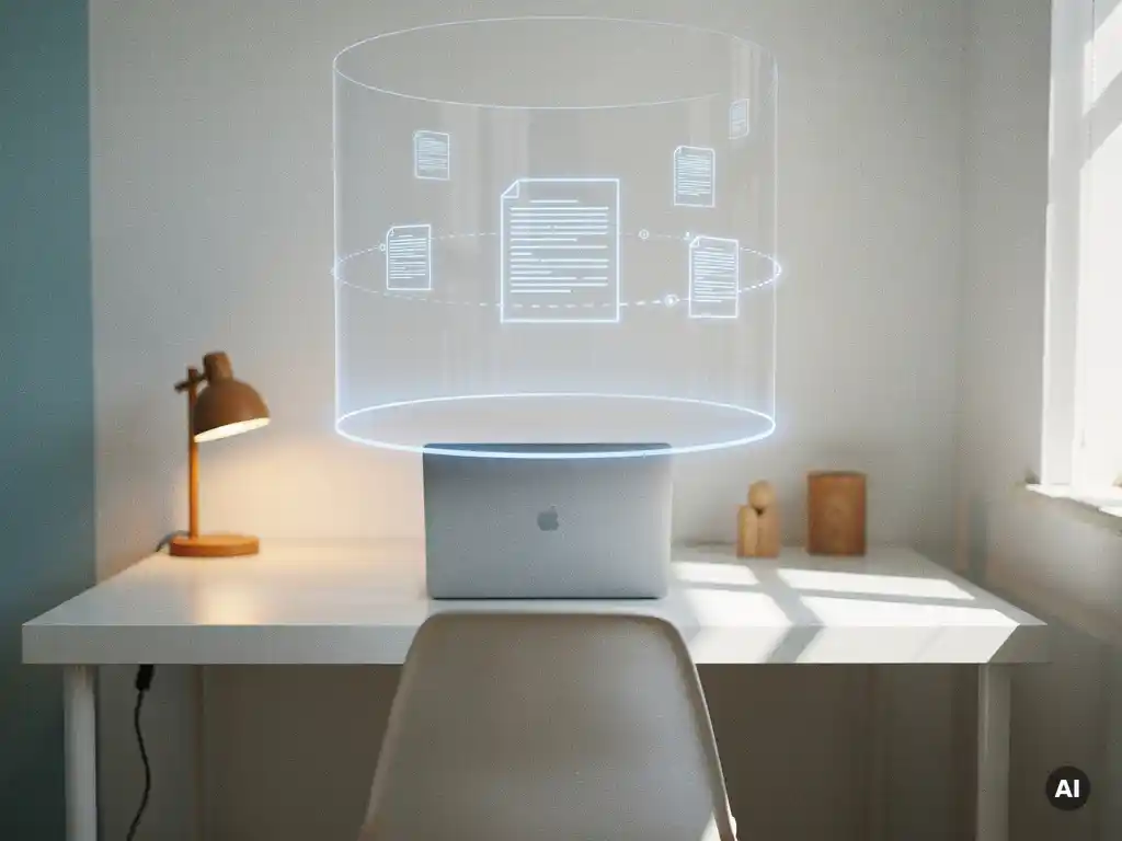 Holografischer Schutzschild über Laptop im minimalistischen Home-Office, schwebende Rechtsdokumente in Blau, Tageslicht.