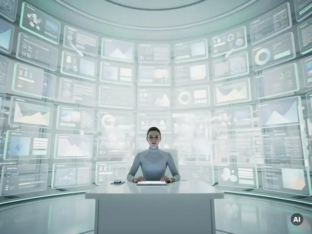 Compliance-Beauftragter überwacht hunderte holografische Website-Panels in futuristischem Kontrollraum mit eisblauer Beleuchtung.
