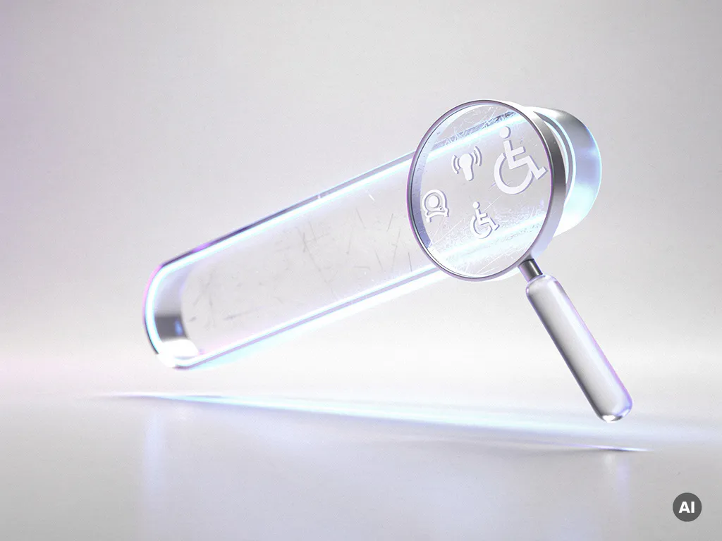 Futuristische Lupe aus Glas schwebt in weißem Raum, umgeben von elektrisch blauem Licht und Barrierefreiheitssymbolen.