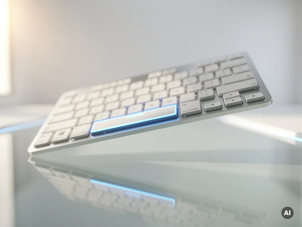 Futuristische Tastatur schwebt im Raum, eine Taste leuchtet elektrisch blau – Symbol für eingeschränkte Tastaturnavigation.