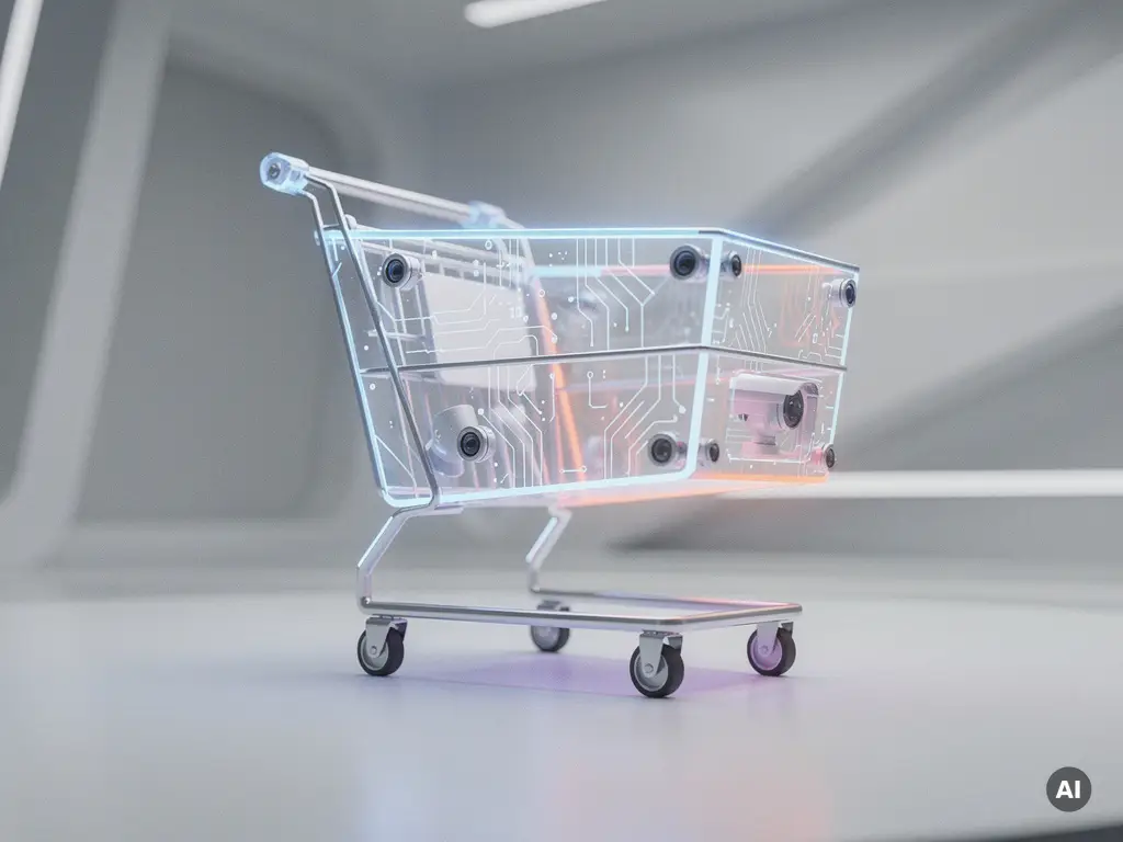 Holografischer Einkaufswagen schwebt über weißer Oberfläche, futuristisches E-Commerce-Interface in Blau und Koralle mit eingebetteten Überwachungslinsen.