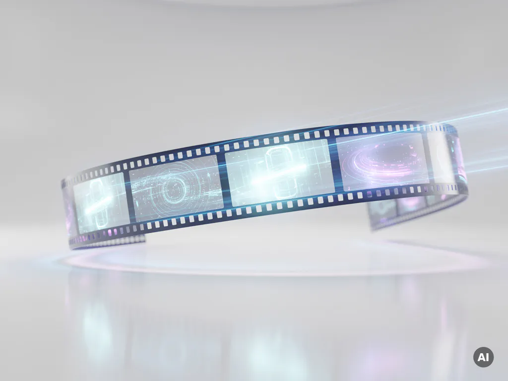 Holografischer Filmstreifen schwebt in weißem Studio, Einzelbilder leuchten in Cyan und Violett mit transluzenten Scanstrahlen.