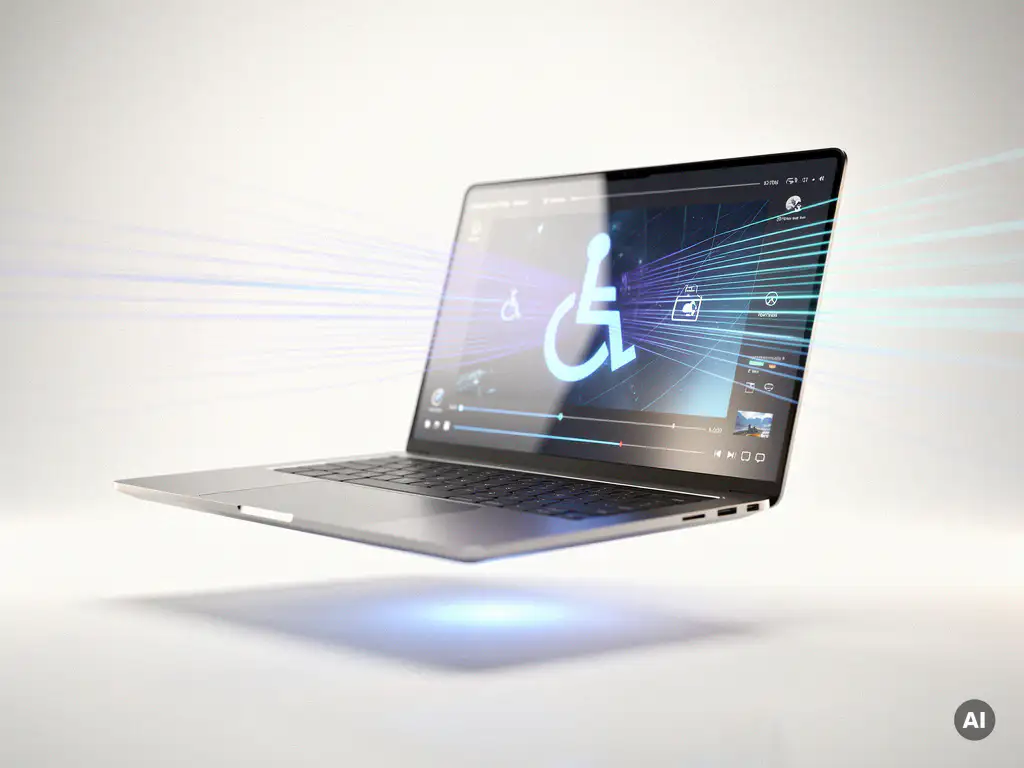 Futuristischer Laptop mit eingebettetem Videoplayer und Barrierefreiheitssymbol, holografische Scanlinien in Blau und Violett.