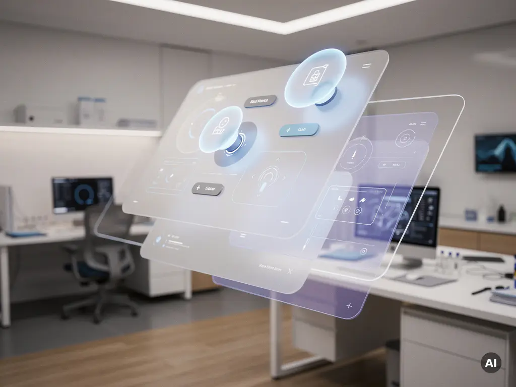 Futuristisches schwebendes UI-Panel mit leuchtend blauen Tooltip-Blasen und transluzenten Overlays in modernem klinischen Arbeitsraum.