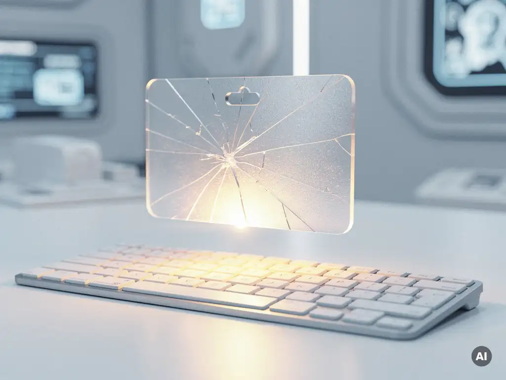 Gebrochenes Frostedglas-Label-Tag mit warmem Bernsteinlicht über minimalistischer weißer Tastatur in futuristischem Workspace.