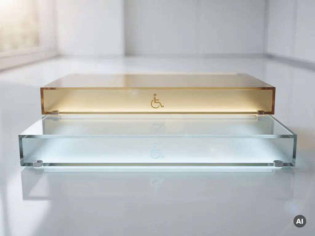 Zweigeteilte Glastreppe in minimalistischem weißem Raum, untere Stufe in kühlem Blau, obere in warmem Gold mit eingravierten Rollstuhlsymbolen.