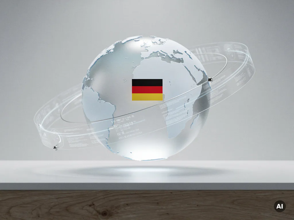 Futuristische Glaskugel mit deutscher Flagge und transluzenten Datenringen schwebt über weißem Schreibtisch.