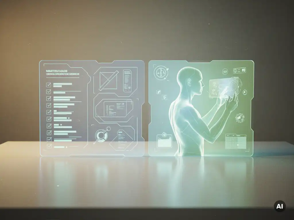Futuristischer Arbeitsplatz mit zwei holografischen Panels, die zu einer Oberfläche verschmelzen, in Blau- und Minttönen.