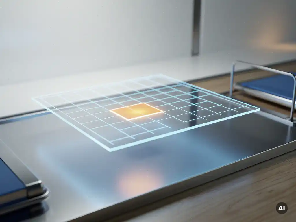 Holografische Datentabelle mit leuchtend blauen Rasterlinien und einer bernsteinfarbenen Warnmarkierung in einer minimalistischen Arbeitsumgebung.