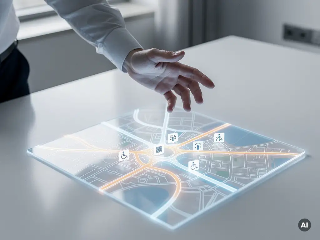 Holografische Kartenprojektion über weißem Schreibtisch mit eingebetteten Barrierefreiheitssymbolen in leuchtenden Routen, Hand eines Compliance-Experten im Vordergrund.