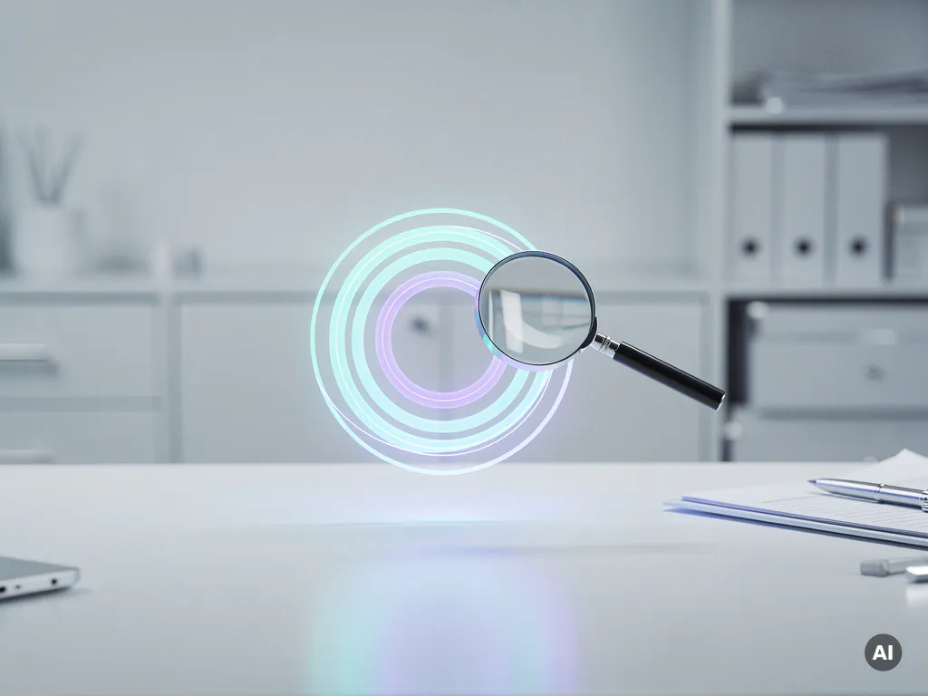 Holografischer Ladespinner mit cyan-violetten Ringen schwebt über weißem Schreibtisch, Lupe scannt die Animation.