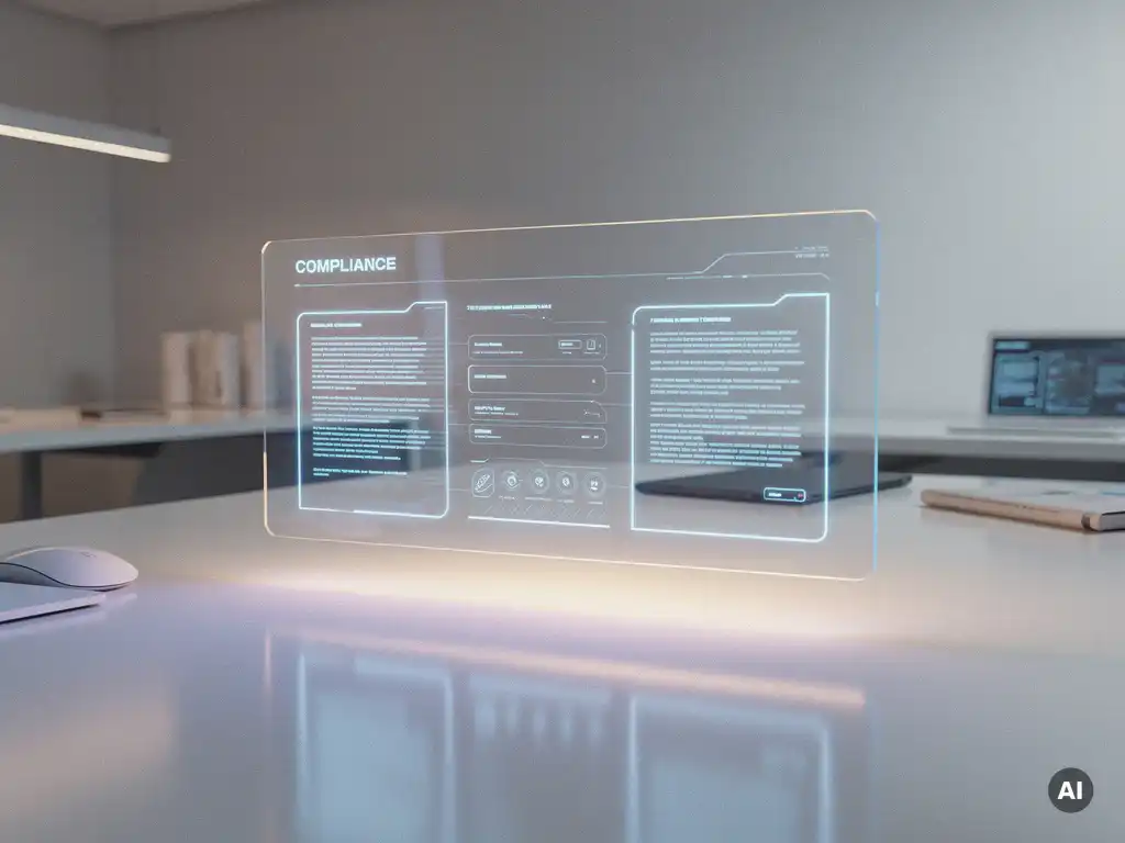 Holografisches Compliance-Dashboard schwebt im Büro, zwei leuchtende Dokumentenrahmen verschmelzen zu einer einheitlichen Oberfläche in Neonblau.